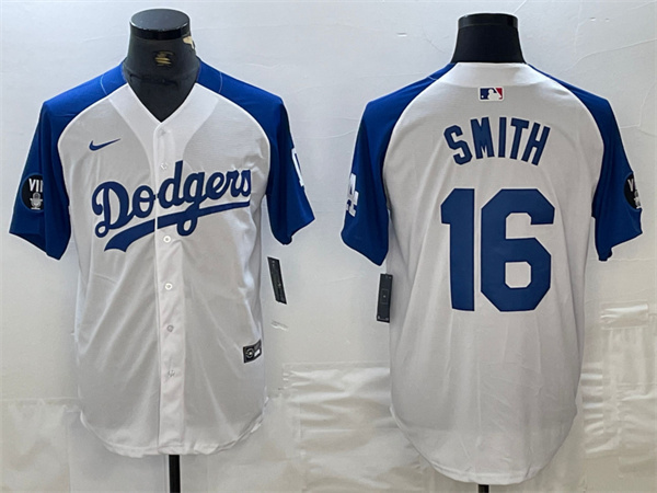 Men's Los Angeles Dodgers #16 Will Smith White/Blue Vin Patch Cool Base Stitched Baseball Jersey Men's Los Angeles Dodgers #16 Will Smith White/Blue Vin Patch Cool Base Stitched Baseball Jersey